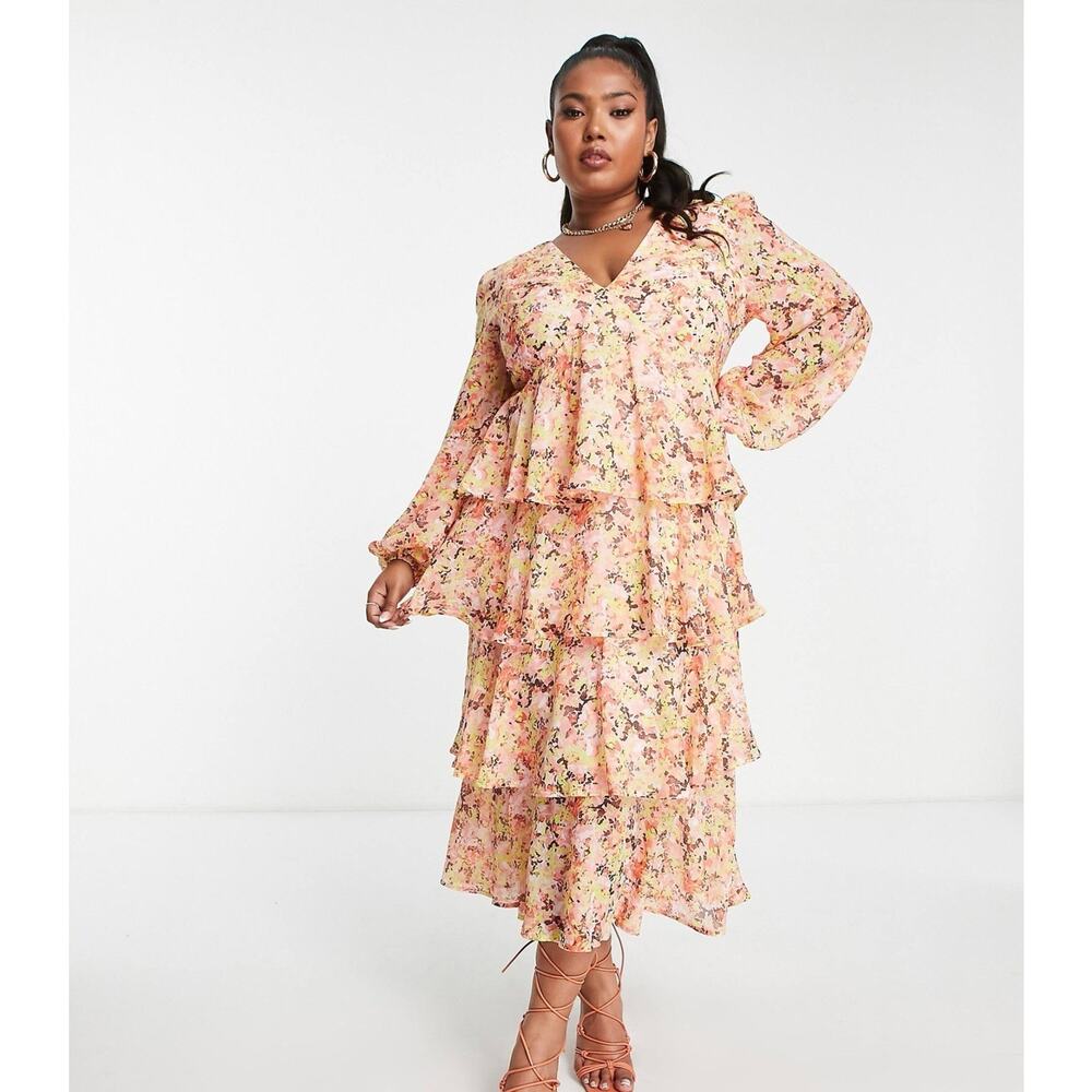 Floral Tiered Midi Dress in Peach